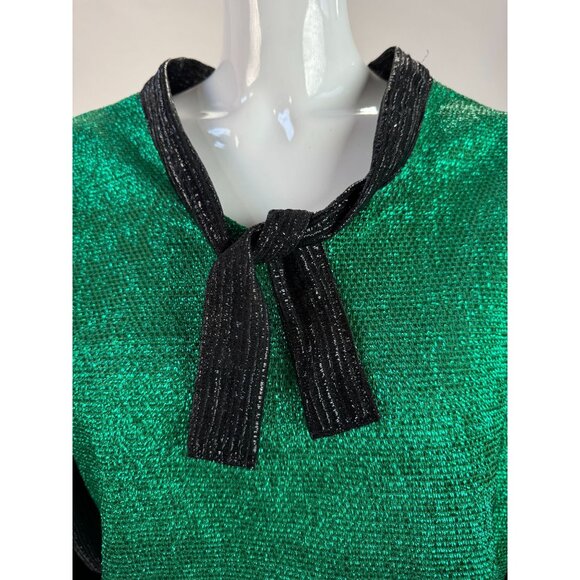 Vintage Green & Black Metallic Knit Long-Sleeve Top With Tie-Neck Detail - Picture 15 of 16